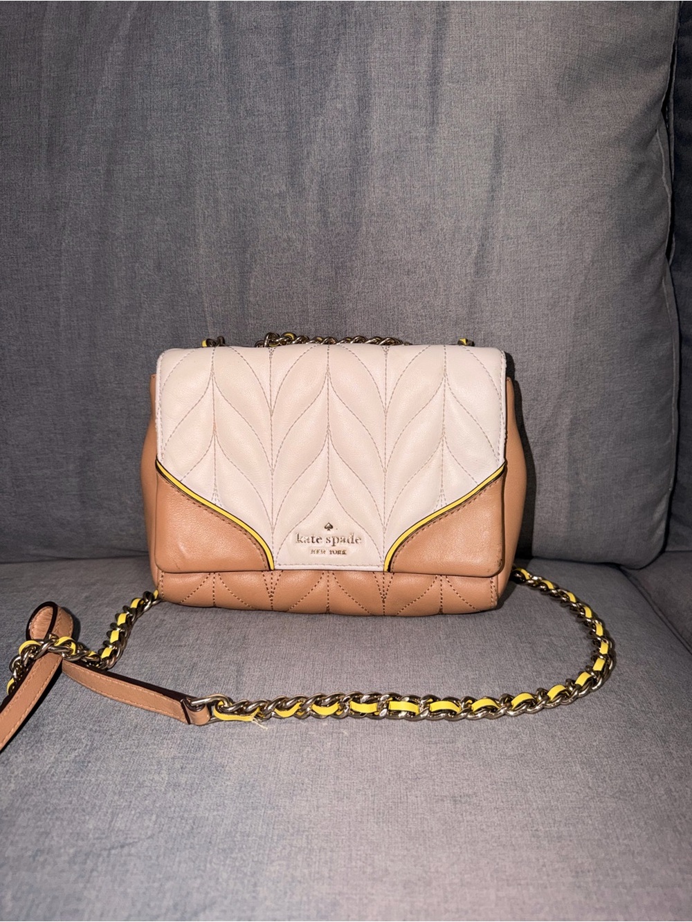 kate spade Quilted Two-Tone Leather Crossbody Bag in Cream and Tan